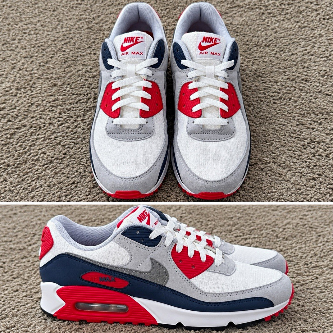 Nike Air Max 90 Men\'s Sneaker US 11.5 White/Red/Navy Low Top Cushioned Nike Air Max 90 Men\'s Sneaker US 11.5 White/Red/Navy Low Top Cushioned