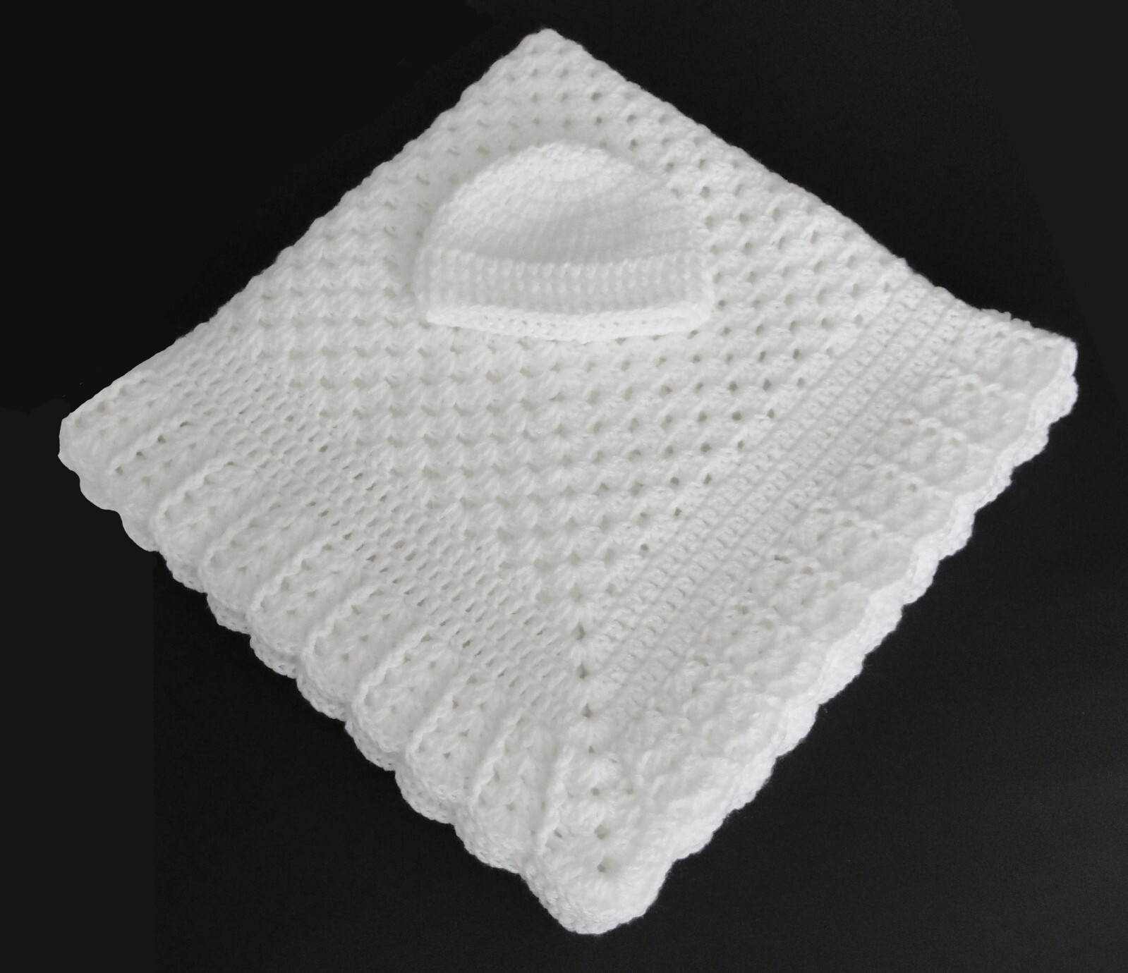New Handmade Crocheted All White Baby Blanket w/Bonus Hat Christening Crib Gift