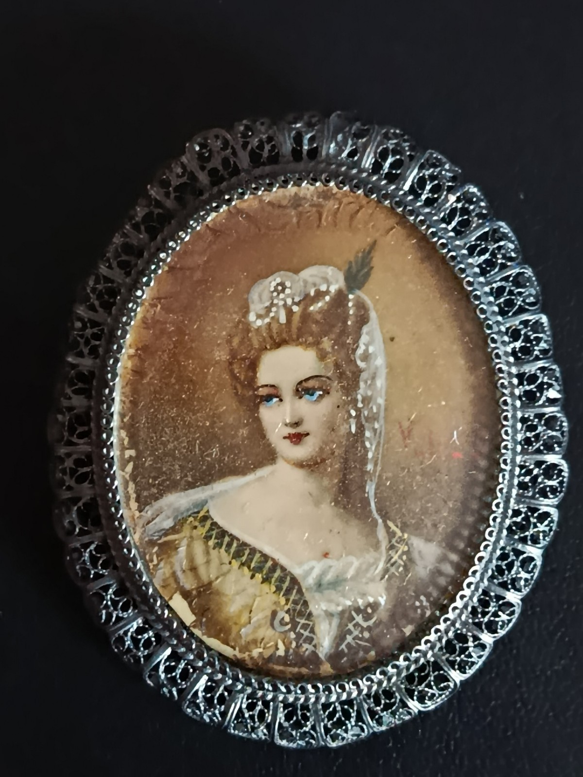 Antique VULTUR Portrait Miniature Brooch Pendant Silver 800 Victorian 1860-1880