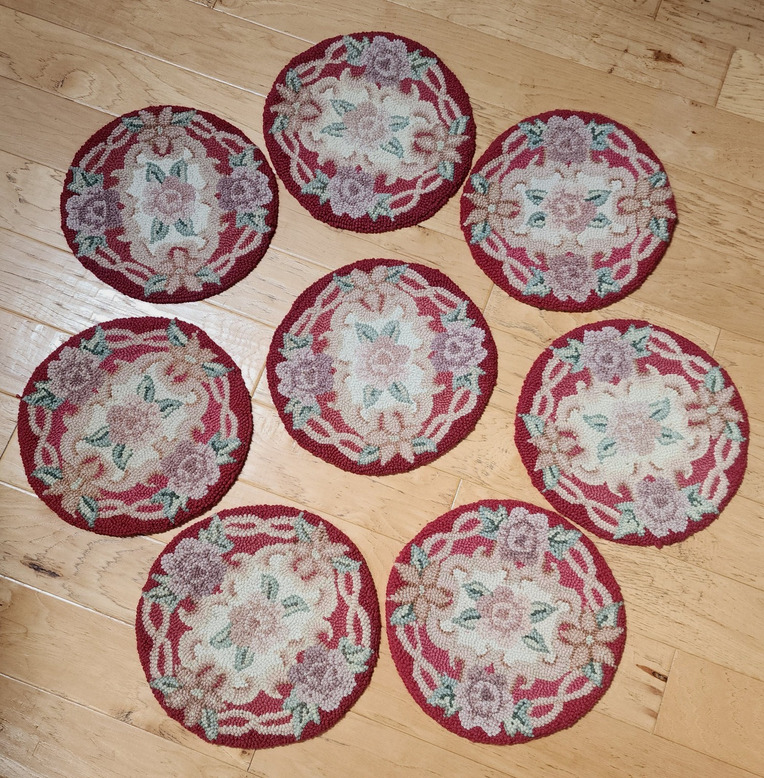 VTG Set 8 Trans-Ocean Hooked Wool Chair Pads 14\