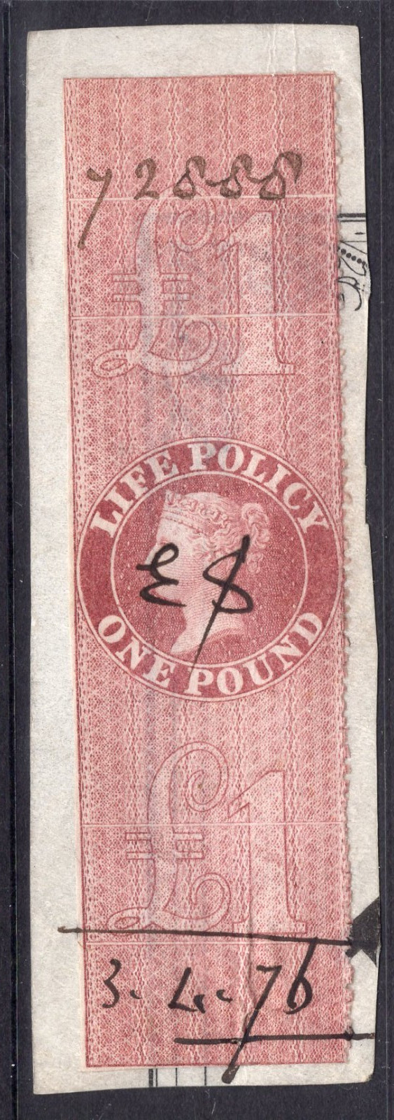 Great Britain one pound Life Policy tax stamp 1876 use on piece