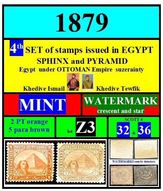 EGYPT-stamps-1879-Z3-MINT WATERMARK-2pt+5p-sphinx pyramid-4th set Eg-scott#32+36 EGYPT-stamps-1879-Z3-MINT WATERMARK-2pt+5p-sphinx pyramid-4th set Eg-scott#32+36