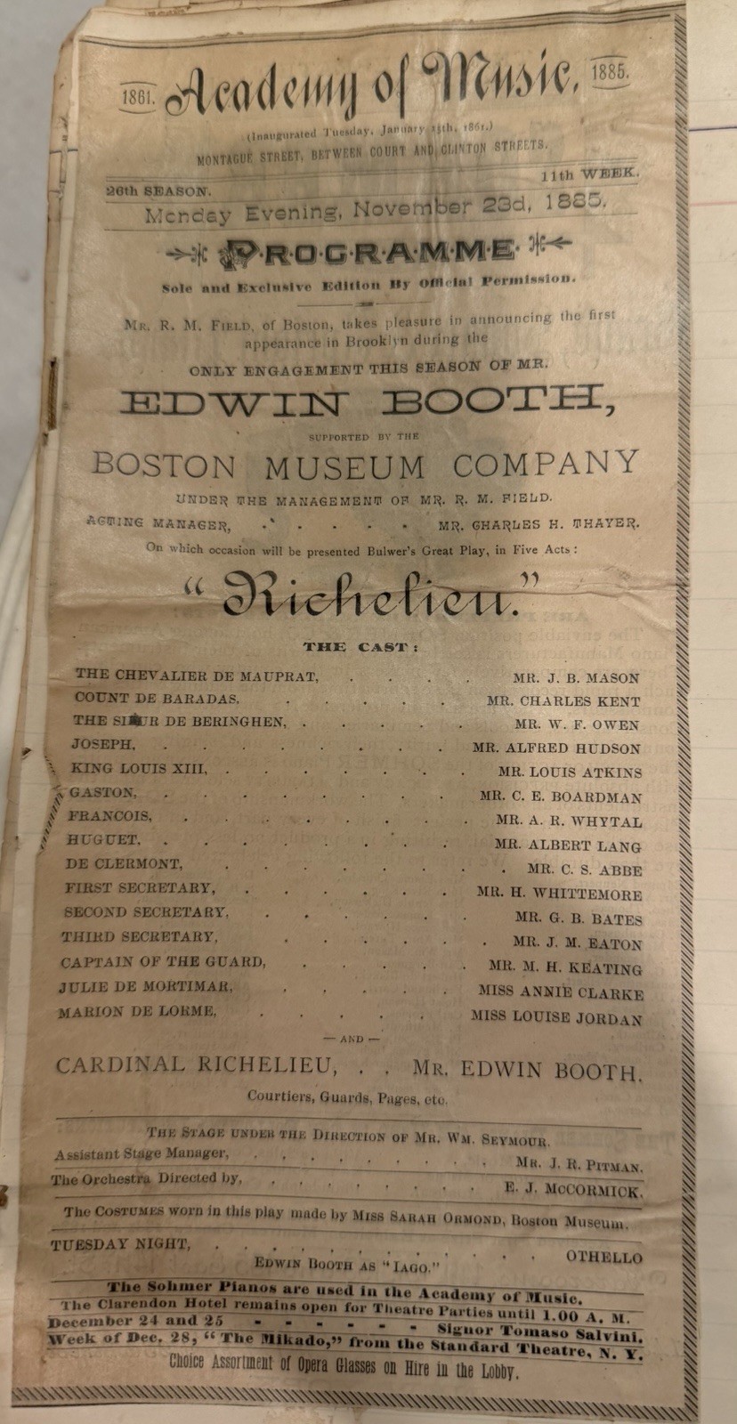 Academy of Music Playbill/Programme Edwin Booth in Richelieu Nov 23 1885