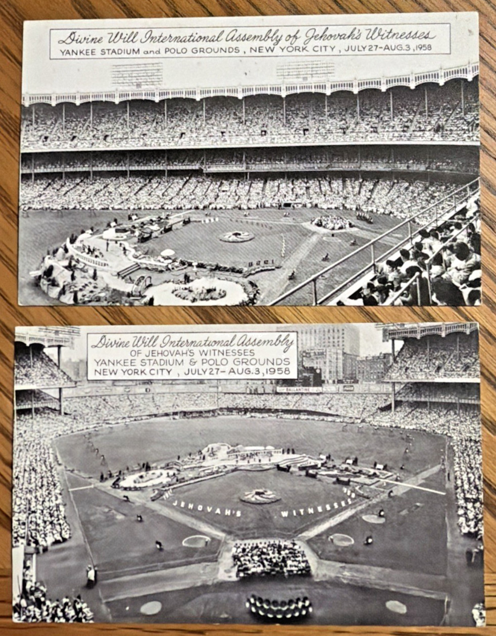 Two Yankee Stadium Jehovah\'s Witnesses Assembly 1958 RPPC postcard Polo Grounds