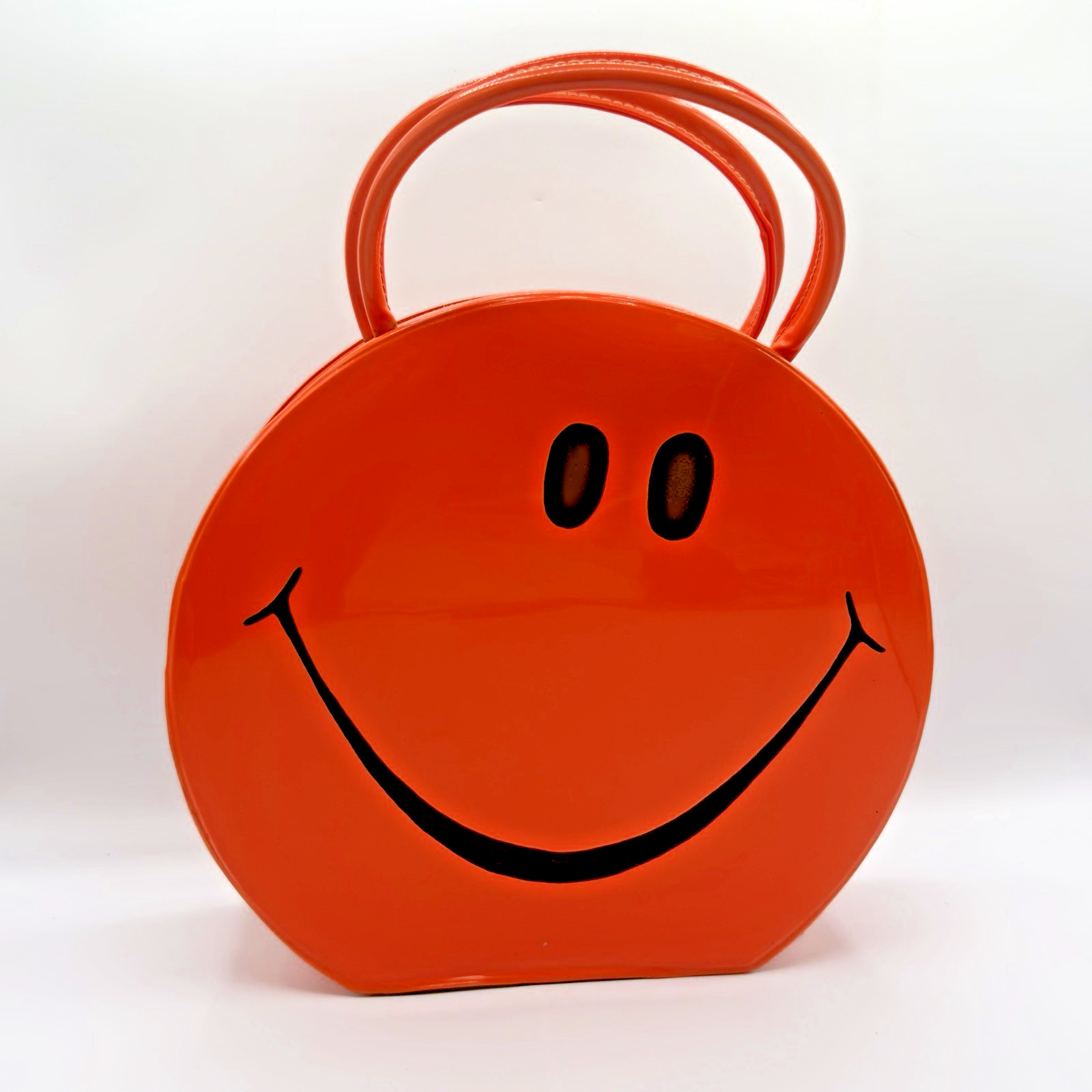 VTG 1970s Mod Tolin MFG Co Orange Patent Happy Face Rnd Novelty Handbag Case USA