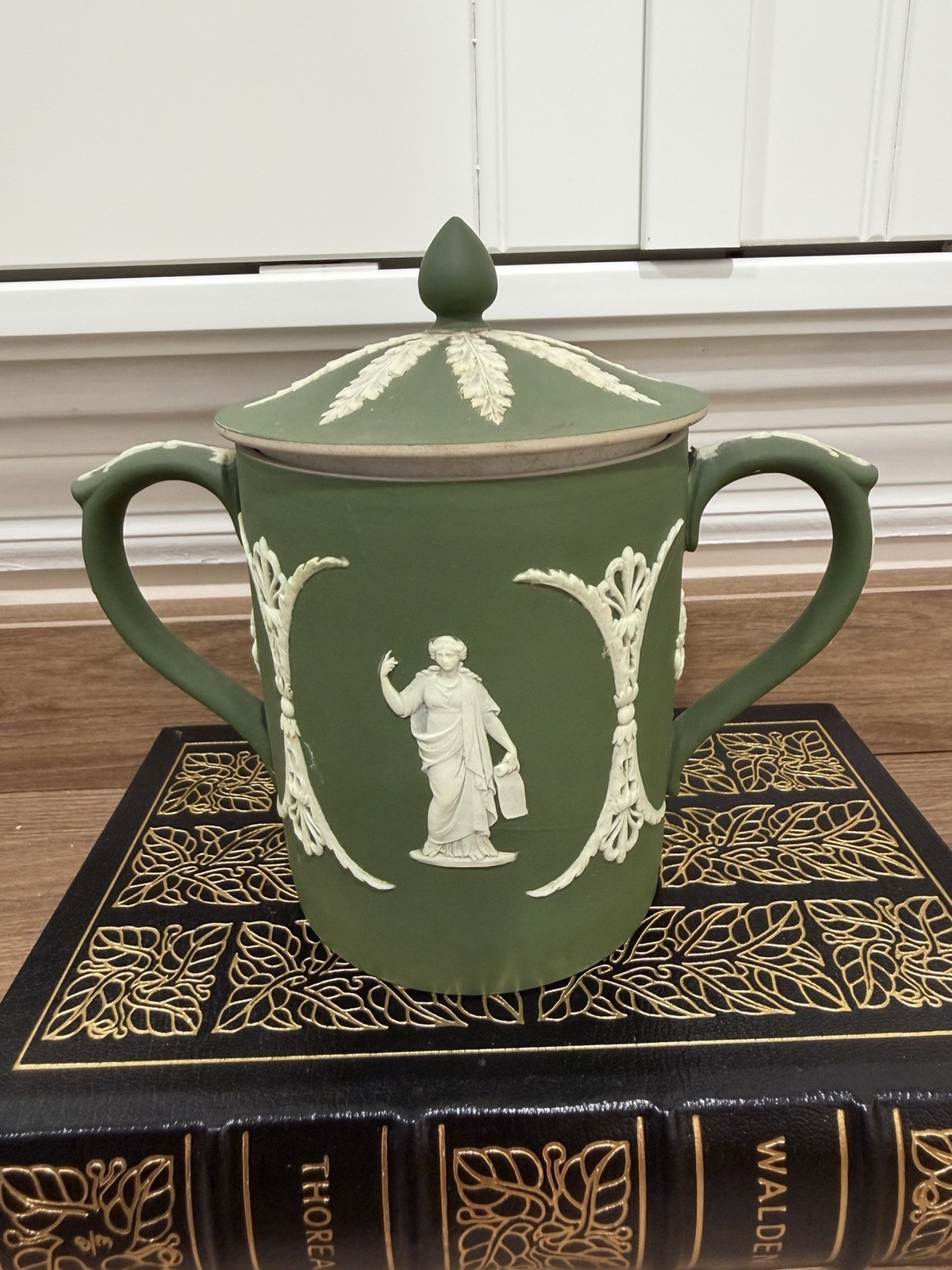 RARE Circa 1900 Wedgwood Olive Green Jasperware Condensed Milk or Jam Jar