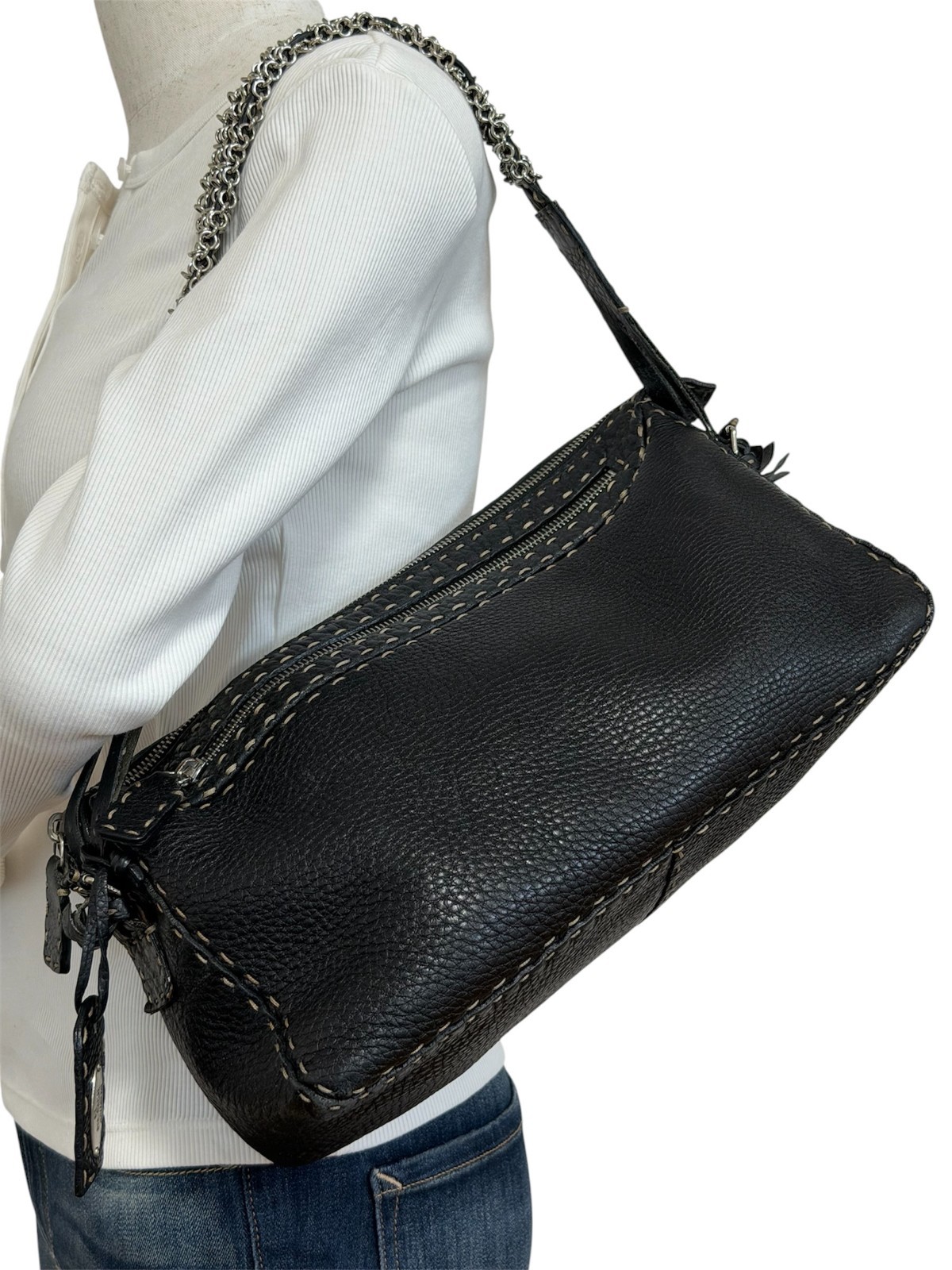 FENDI Selleria Chain Shoulder Bag Black Leather Vintage Authentic