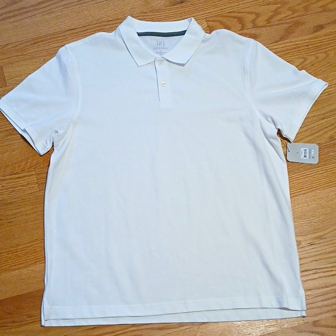 George Men\'s White Solid Knit Polo Shirt Short Sleeve Collared Button Size L George Men\'s White Solid Knit Polo Shirt Short Sleeve Collared Button Size L