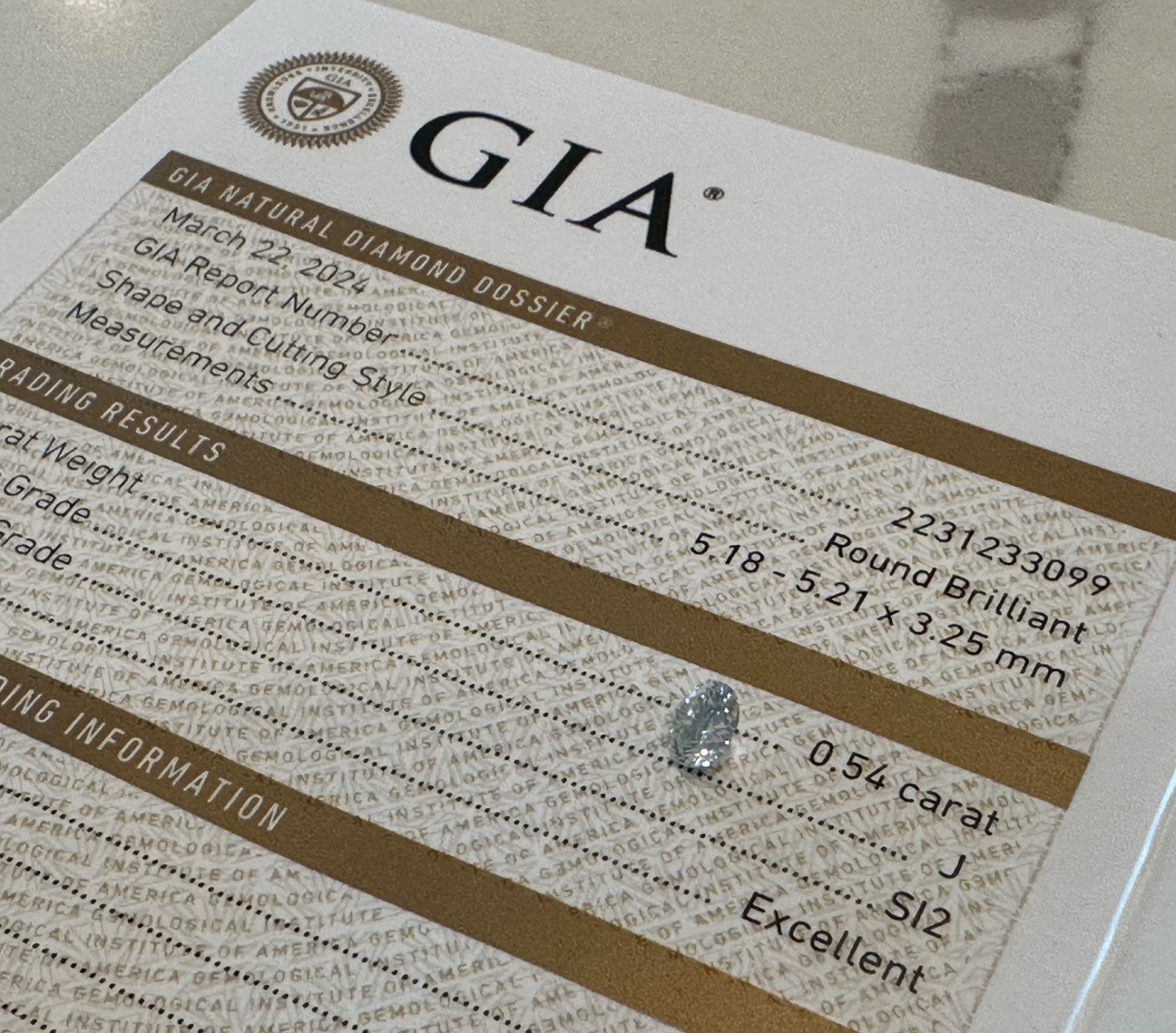 0.54 ct GIA SI2 Clarity /  J Color  Round Brilliant Cut Loose Natural Diamond