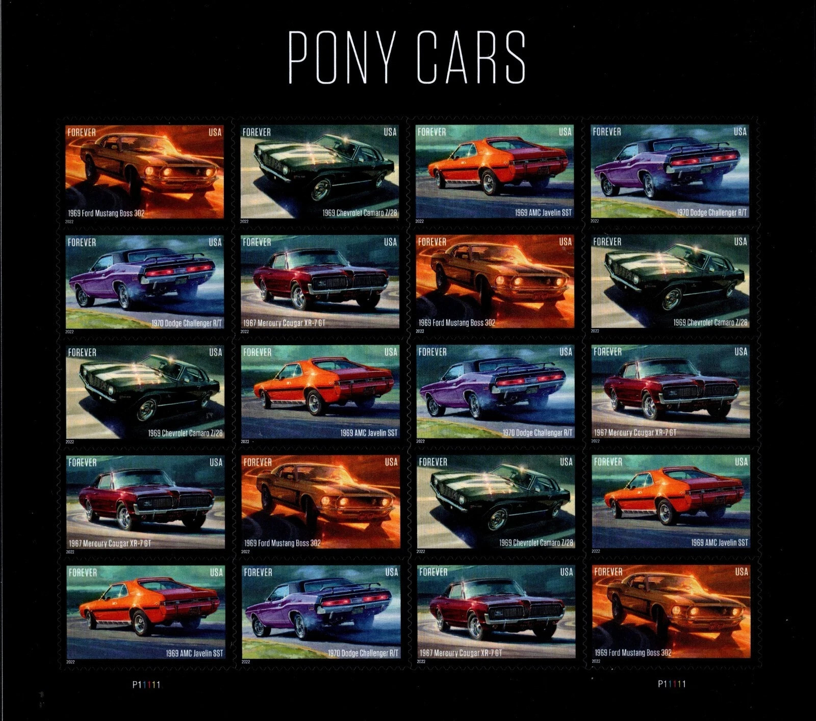 2022 USPS PONY CARS STAMPS SC#5715-5719 MNH SHEET OF 20 *5 (100 pcs total)