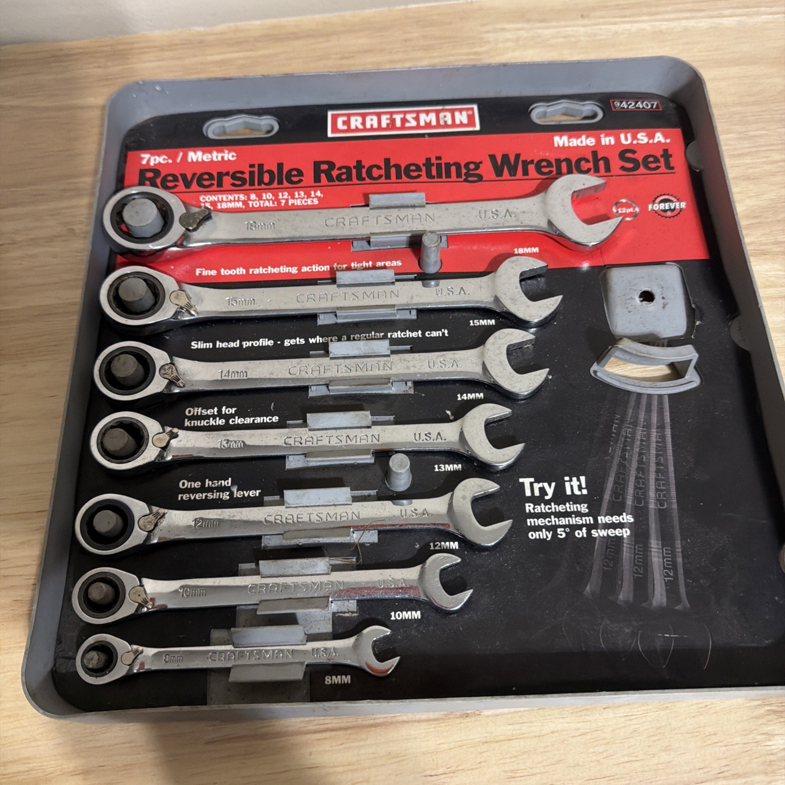 Sears Craftsman USA Nos 7pc Metric Reversible Ratcheting Wrench Set 42407 8-18mm Sears Craftsman USA Nos 7pc Metric Reversible Ratcheting Wrench Set 42407 8-18mm
