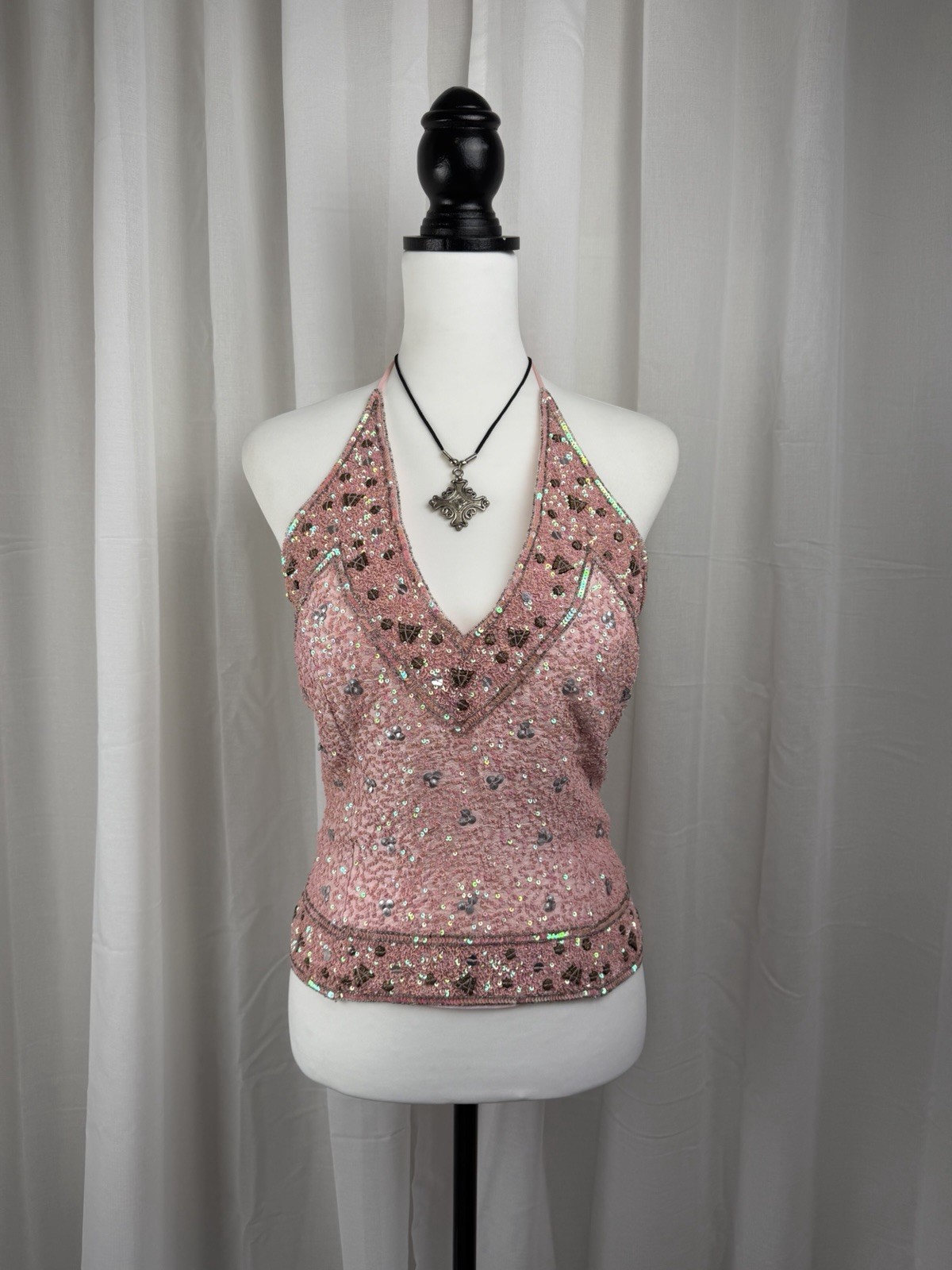 RARE Aftershock Vintage Y2K 100% Silk Pink Beaded Sequin Butterfly Halter Neck RARE Aftershock Vintage Y2K 100% Silk Pink Beaded Sequin Butterfly Halter Neck