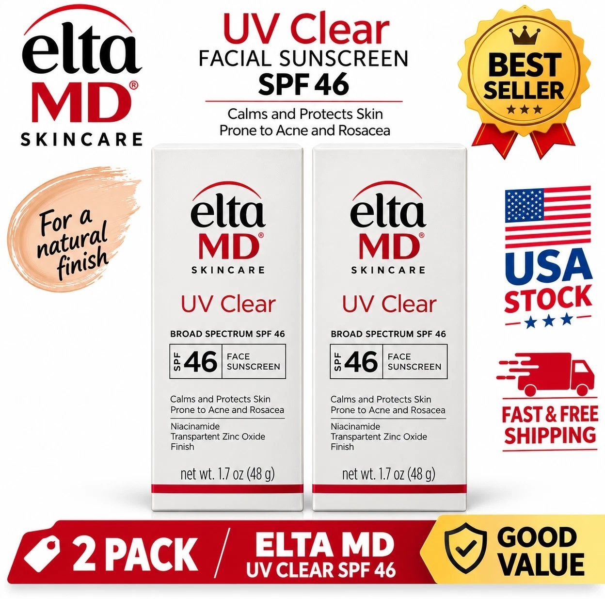 Elta MD UV Clear Broad-spectrum Facial Sunscreen SPF46 1.7oz Exp 02/2029 New 2Pk Elta MD UV Clear Broad-spectrum Facial Sunscreen SPF46 1.7oz Exp 02/2029 New 2Pk