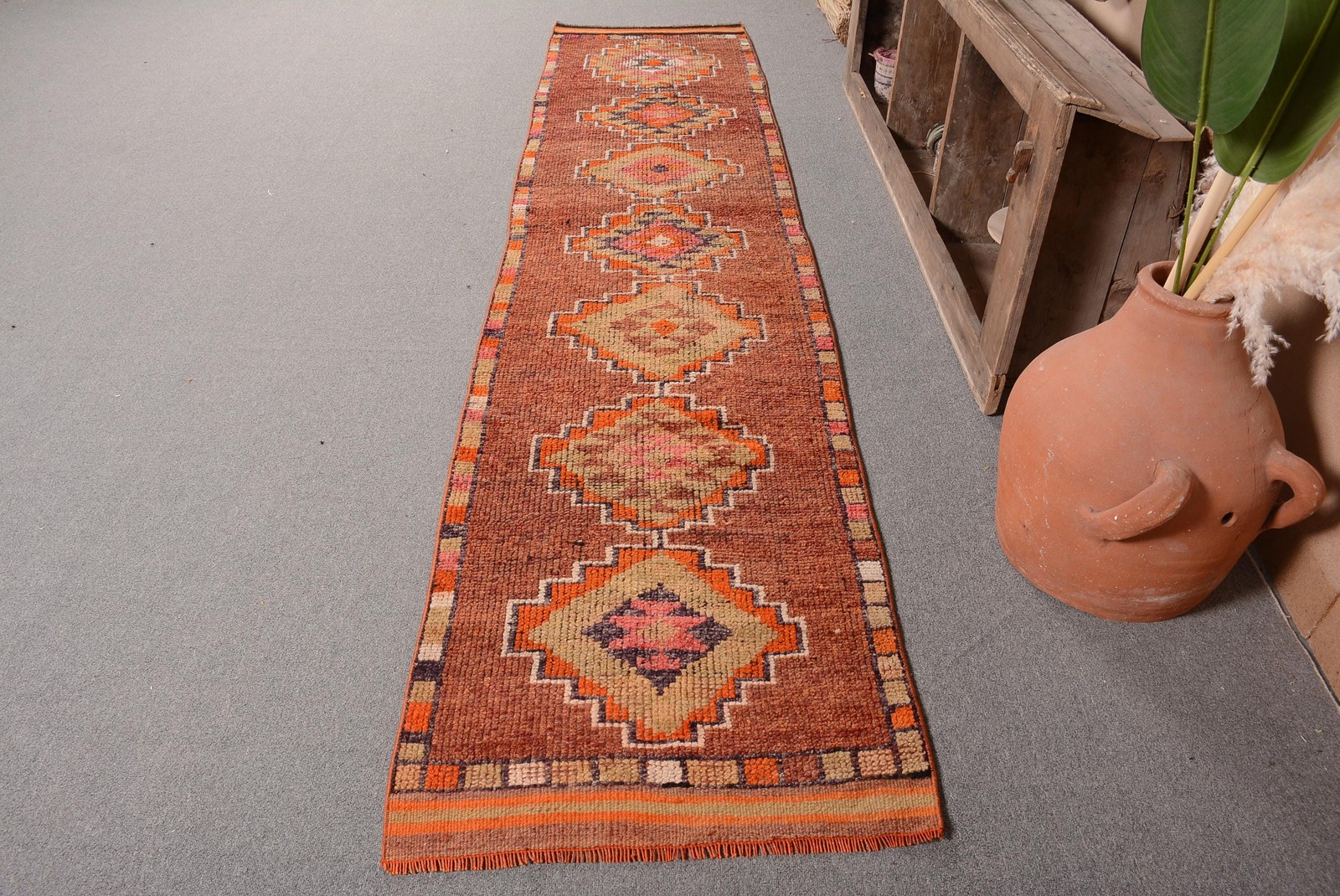Turkish Vintage Rug 2,4x11 ft, Herki Brown Oriental Wool Rug