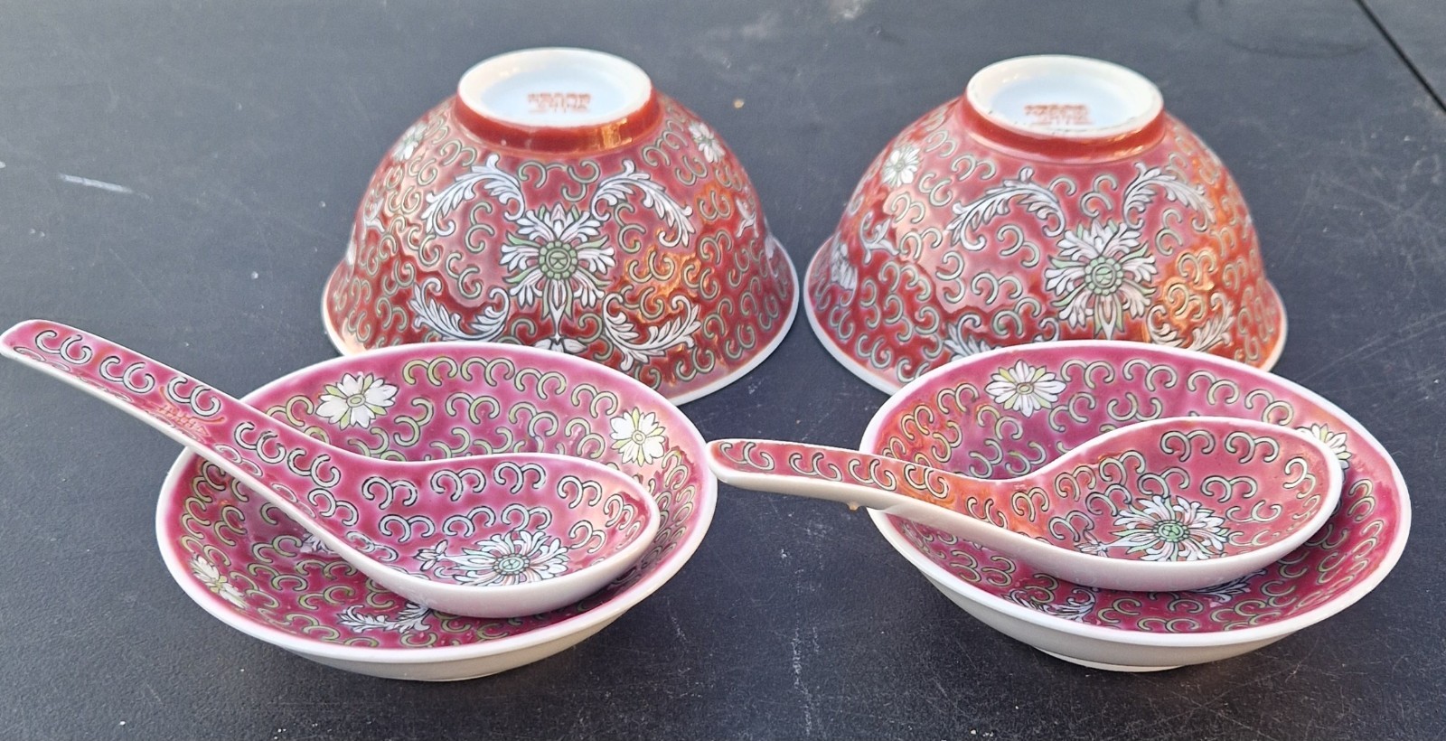 2 VTG Chinese Mun Shou Rose Pink Longevity Rice Bowls With Saucers & Spoons