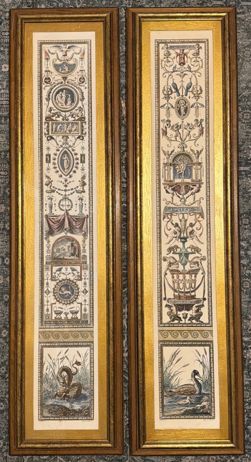 Pair of Antique Hand Colored Raffaello Pilaster Engravings in Gilt Frames Pair of Antique Hand Colored Raffaello Pilaster Engravings in Gilt Frames
