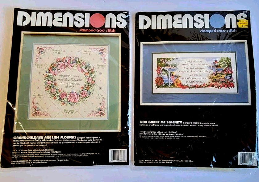 Two Vintage Dimensions Cross Stitch Kits 1991  Grandchildren & Grant Me Serenity