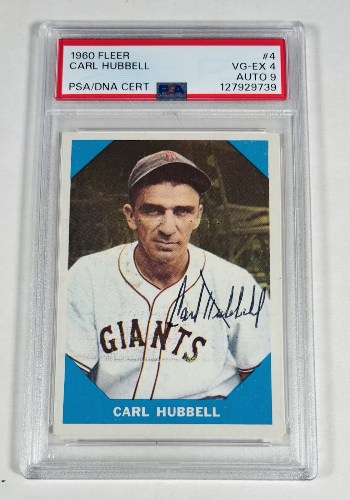 1960 Fleer Carl Hubbell PSA 4 AUTO 9 MINT Baseball Card NY Giants HOF d. 1993 1960 Fleer Carl Hubbell PSA 4 AUTO 9 MINT Baseball Card NY Giants HOF d. 1993