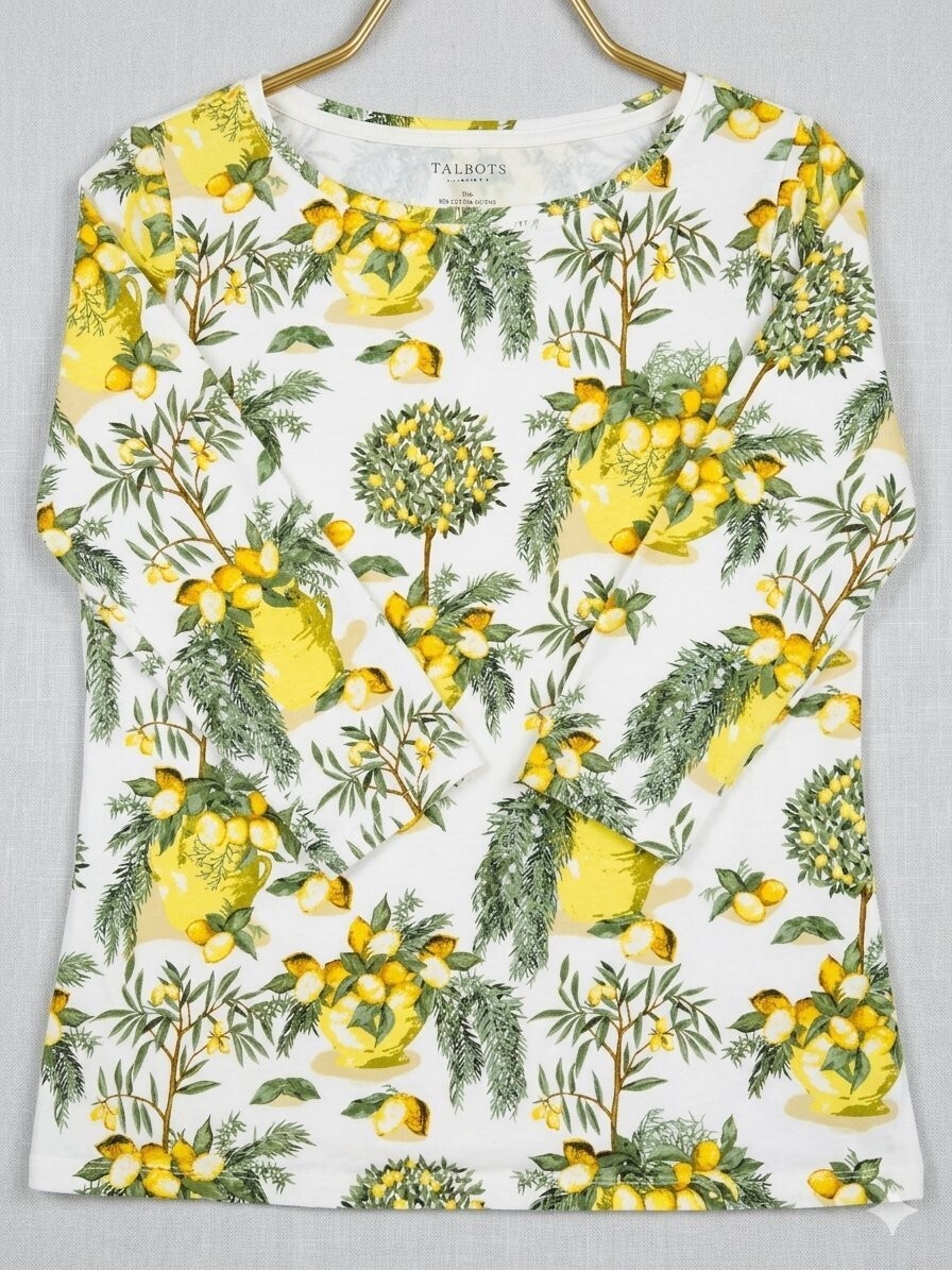 Talbots Petite MP Long Sleeve Floral Lemon Print Top
