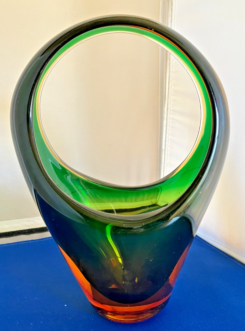 VTG Murano Sommerso Style Art Glass Basket Vase Green Amber MCM 50s-60s