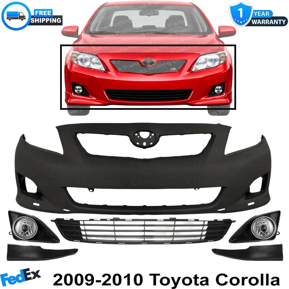 Front Bumper Cover Primed Plastic & Fog Lights Kit For 2009-2010 Toyota Corolla