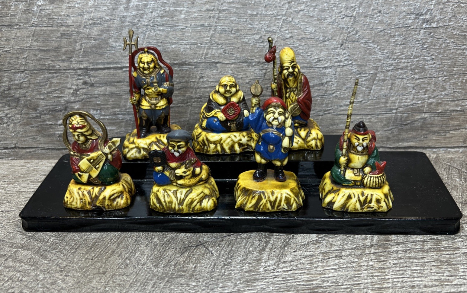 Vintage Japanese 7 Gods of Good Fortune Figurines Celluloid or Plastic w/ Stand