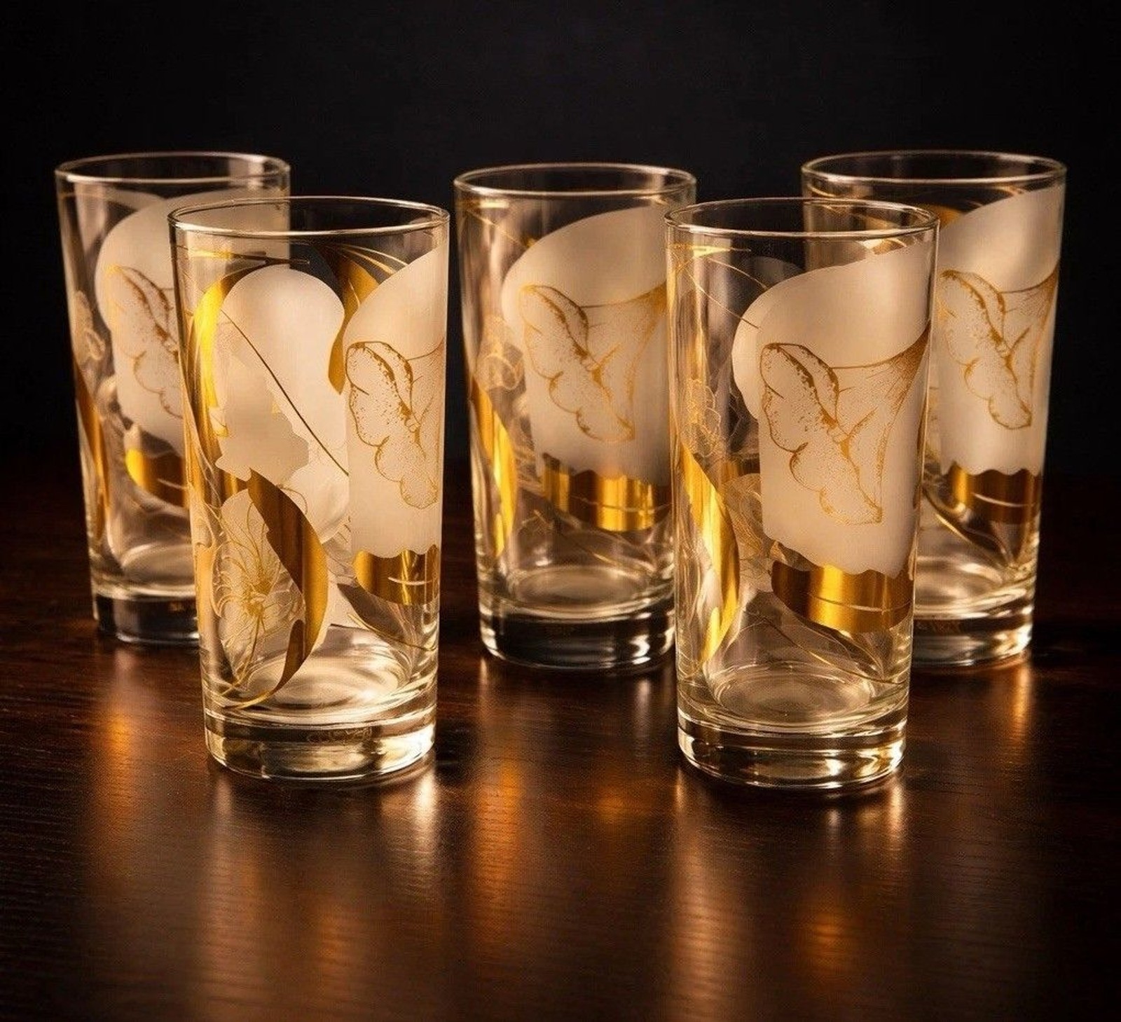 Set of 5 Vintage CULVER Calla Lily Highball Rocks Glasses 22K Gold Frosted MCM Set of 5 Vintage CULVER Calla Lily Highball Rocks Glasses 22K Gold Frosted MCM