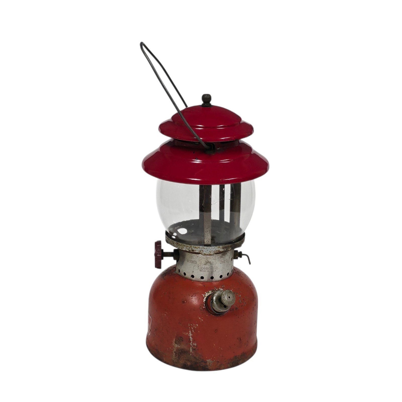 Vintage Coleman 200A Red Single Mantle Gas Lantern Maroon Knob Glass Globe USA