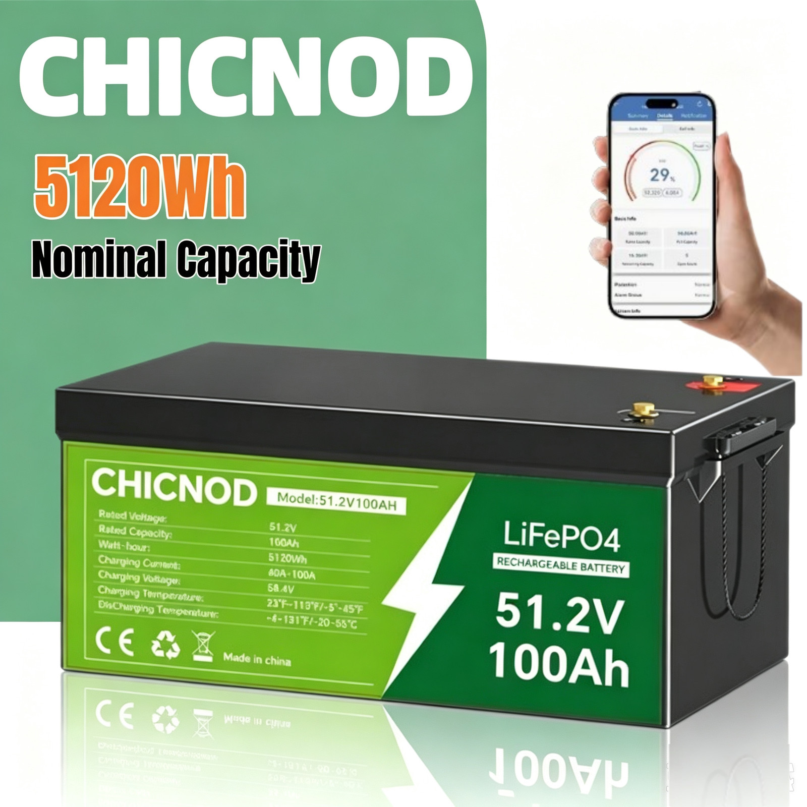 Bluetooth 48V 100Ah LiFePO4 Lithium Battery Built-in BMS for RV Solar Golf Cart