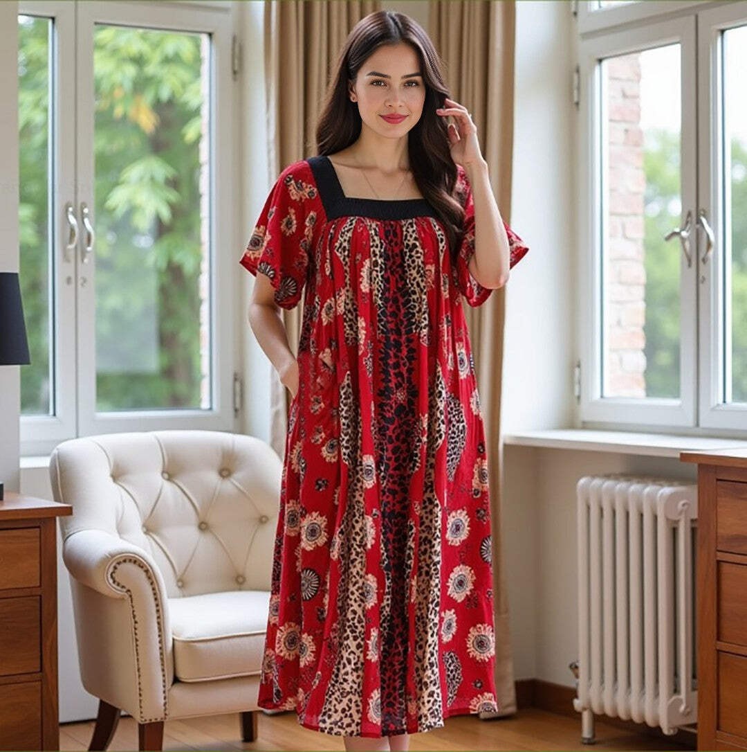 Loungees Women’s Cotton Gauze House Dress with Pockets, Muumuu Caftan Dress, Squ