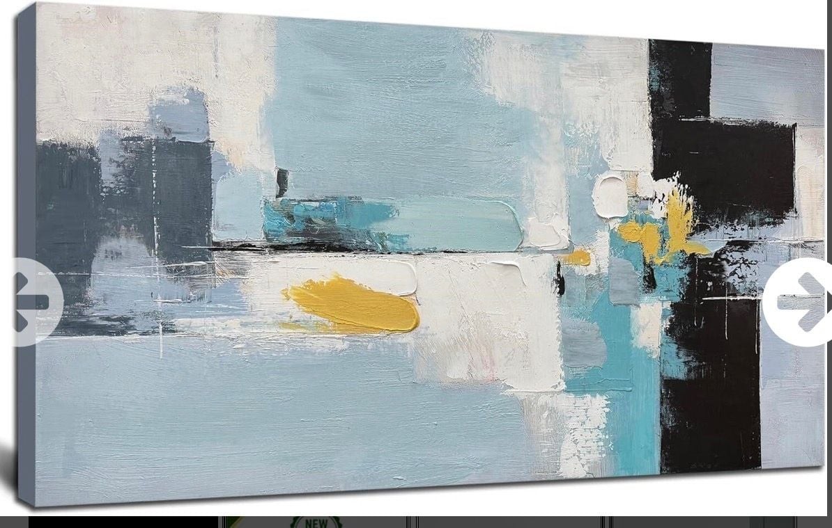 Abstract Wall Art Hand Painted Canvas Blue Black Yellow 40”Lx20”W Abstract Wall Art Hand Painted Canvas Blue Black Yellow 40”Lx20”W