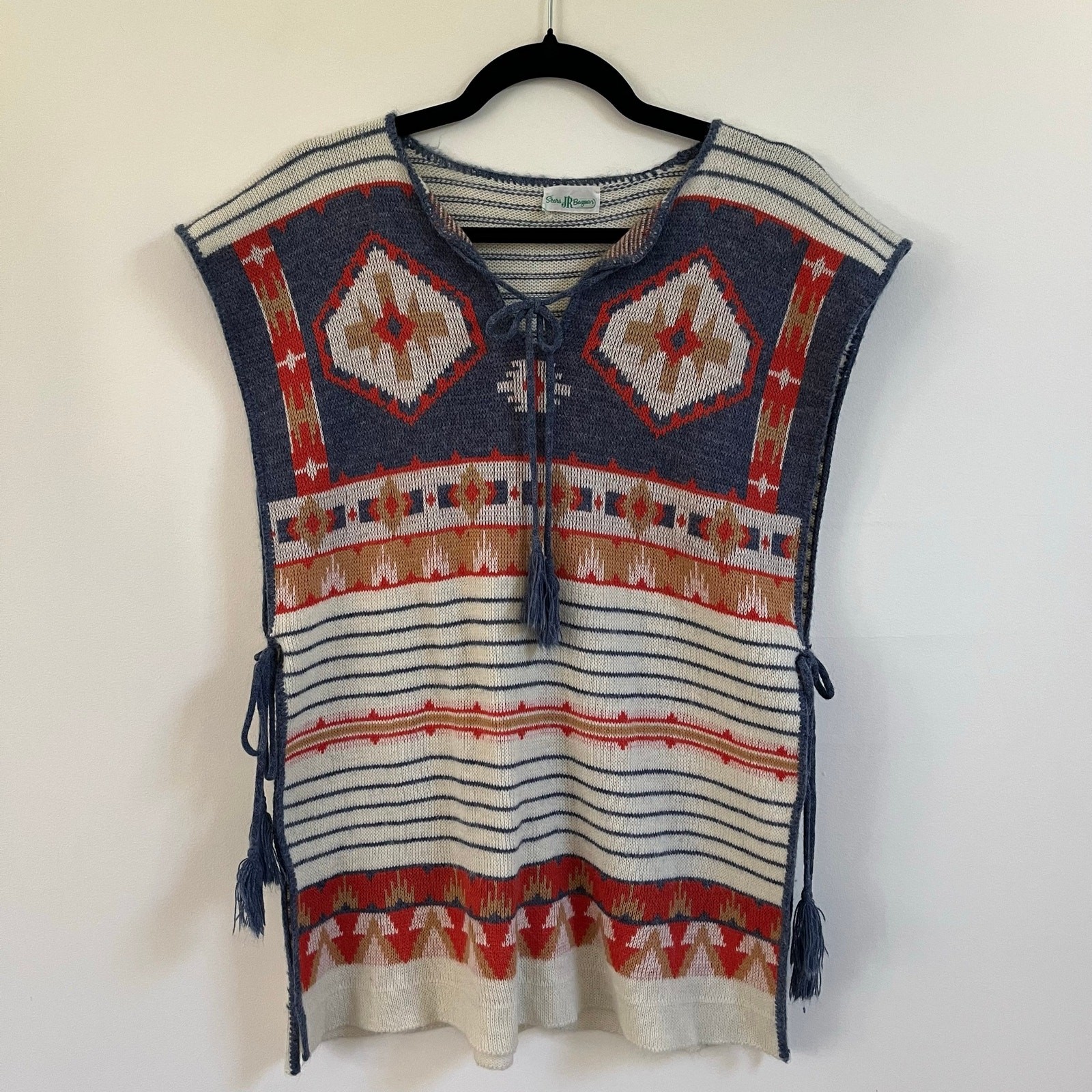 VTG 1970s Sears Jr Bazaar Southwest Knit Poncho Vest Sweater Boho Aztec Lace Up