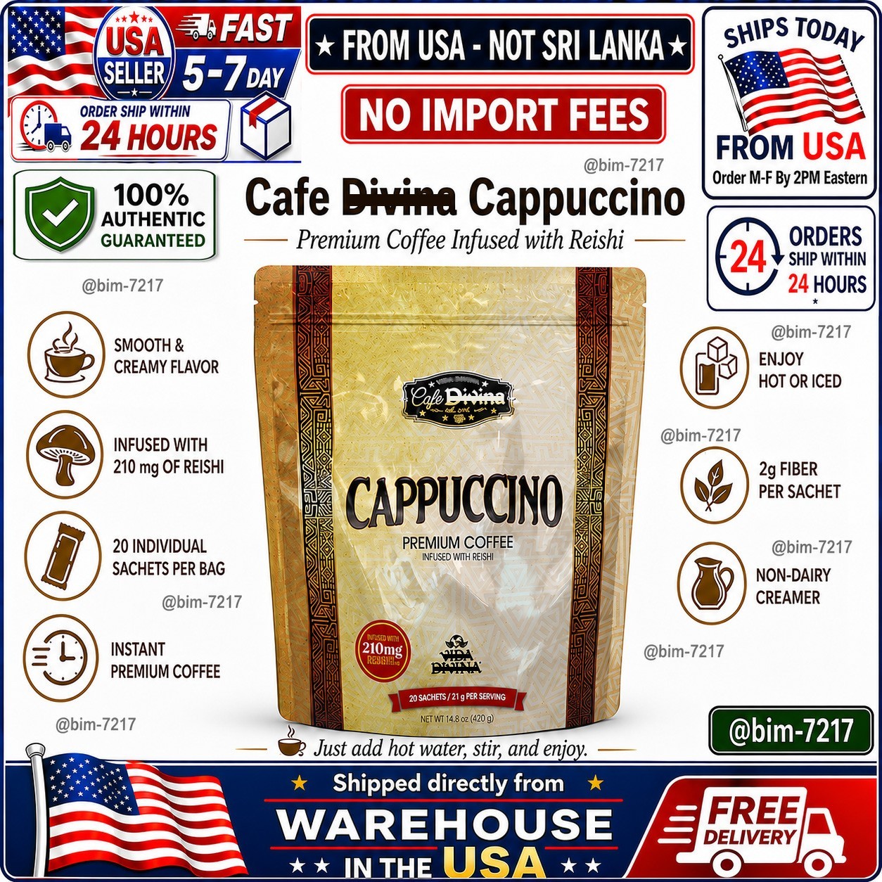 Cafe DlVlNA Cappuccino Premium Coffee with Reishi Instant Coffee 20 Sachets NEW⚡