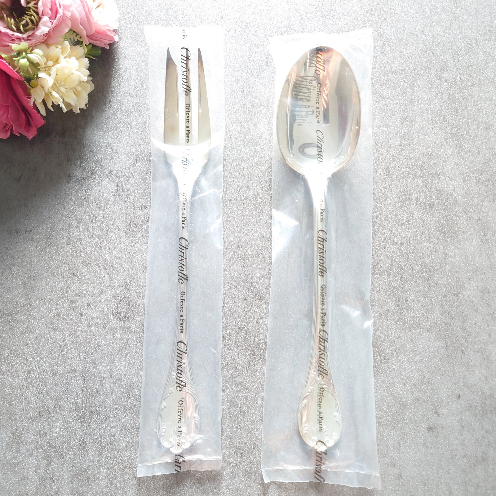 Christofle Marly Serving Set Fork Spoon Flatware Silverplated Brand New