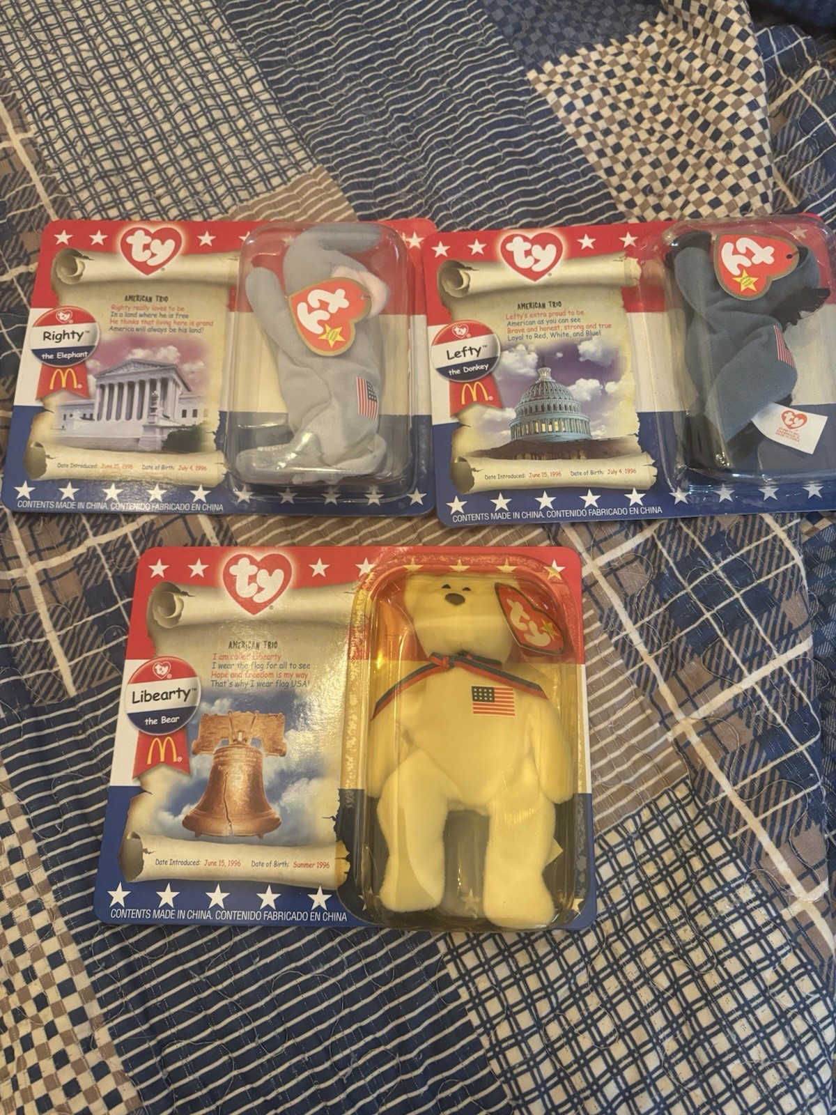 1996 TY Beanie Babies McDonalds American Trio Set Lefty Righty Libearty SEALED