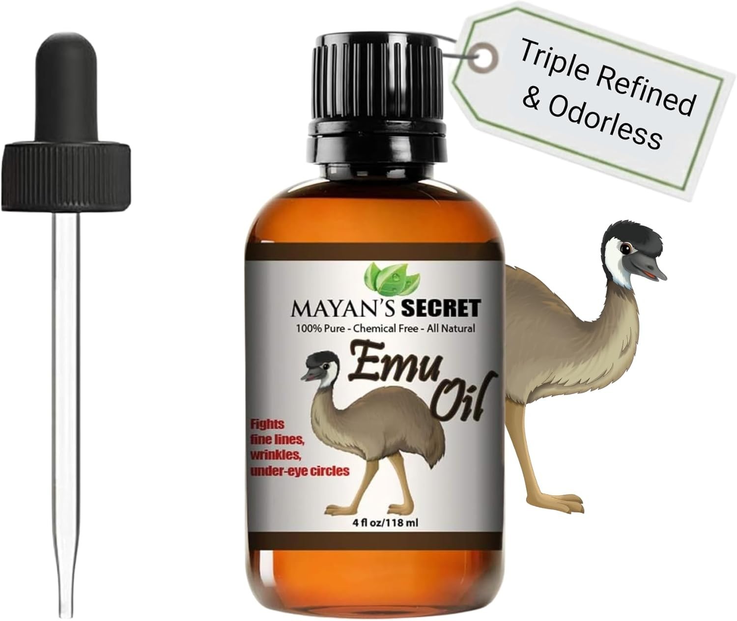 Australian Emu Oil 4oz Natural Triple Refined by Mayan’s Secret Glass bottle