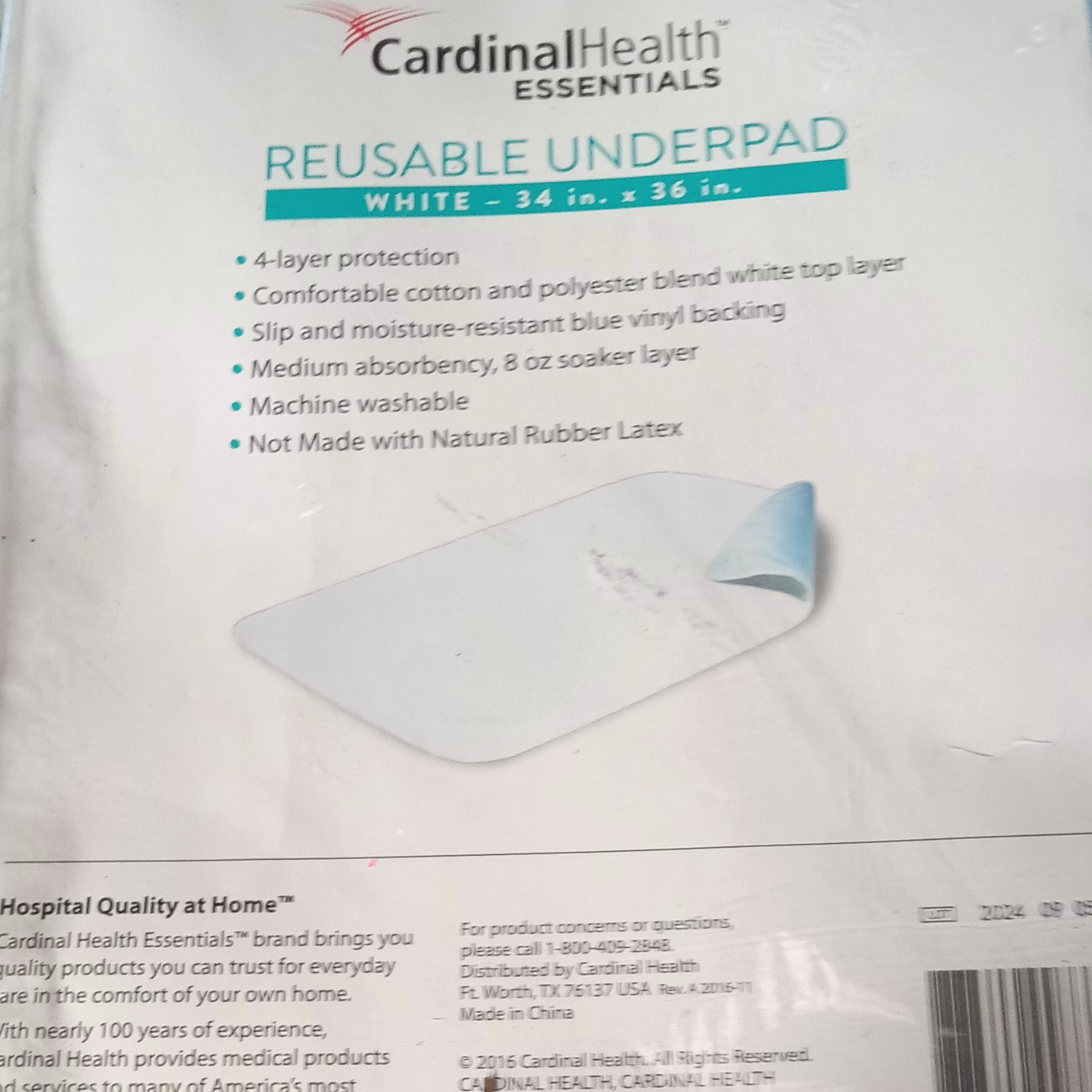 Cardinal Health Essentials Underpad 34x36 White/Blue Reusable 8oz ZRUP3436R