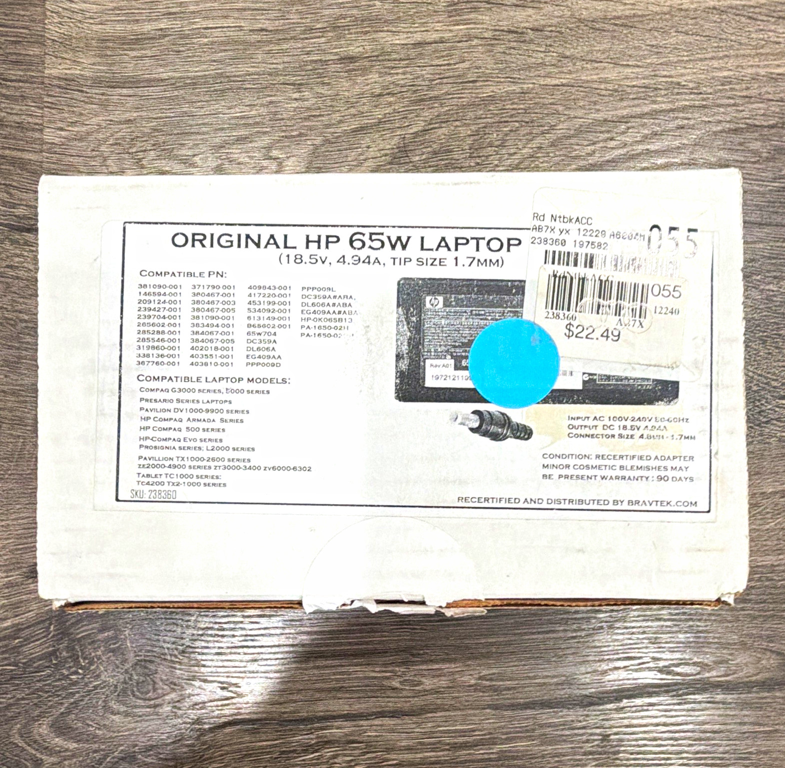 HP 65W Laptop Power Adapter 18.5V 4.94A 1.7mm Tip MPN 463958-001 HP 65W Laptop Power Adapter 18.5V 4.94A 1.7mm Tip MPN 463958-001