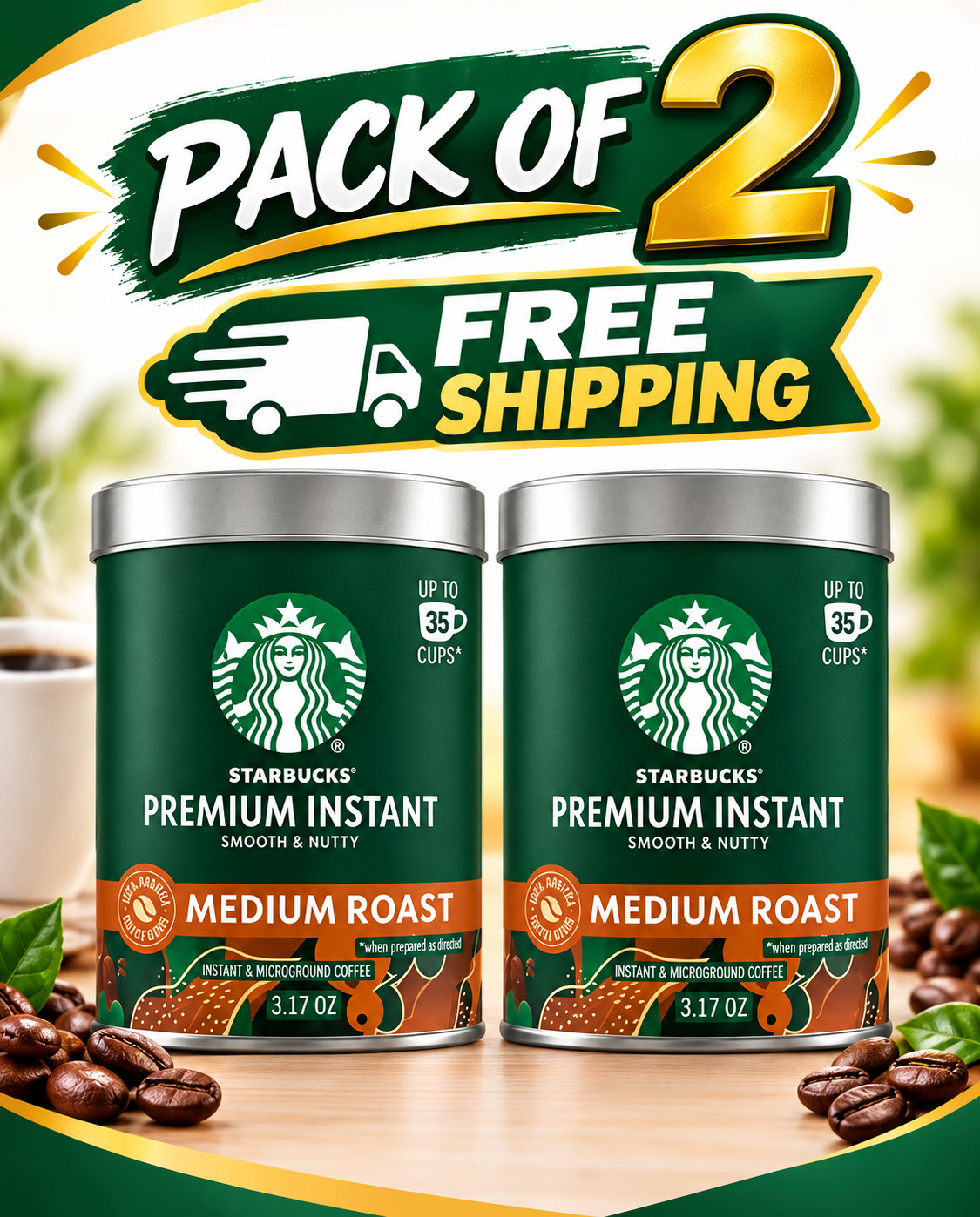 (2 Pack) Starbucks Premium Medium Roast Instant Coffee 3.17 Oz 100% Arabica Rich