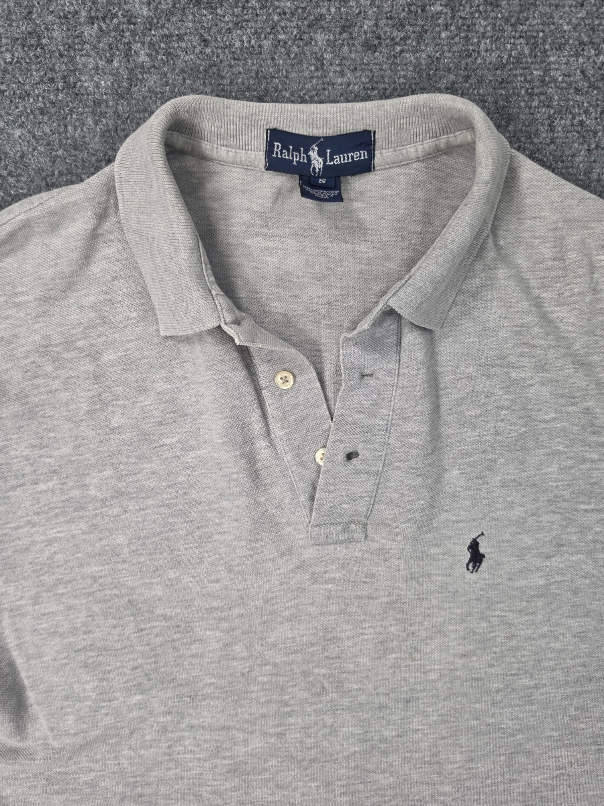 Ralph Lauren Polo Shirt Mens S Gray 100% Cotton Made Macau Navy Pony Vintage