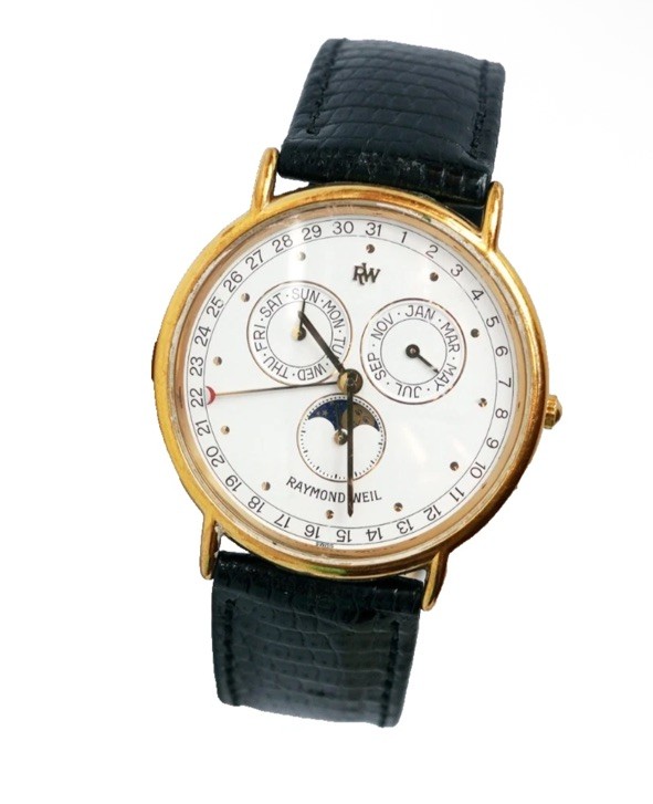 Vintage 90s Raymond Weil Moonphase Watch Triple Calendar Alligator 18k GP 5483 Vintage 90s Raymond Weil Moonphase Watch Triple Calendar Alligator 18k GP 5483