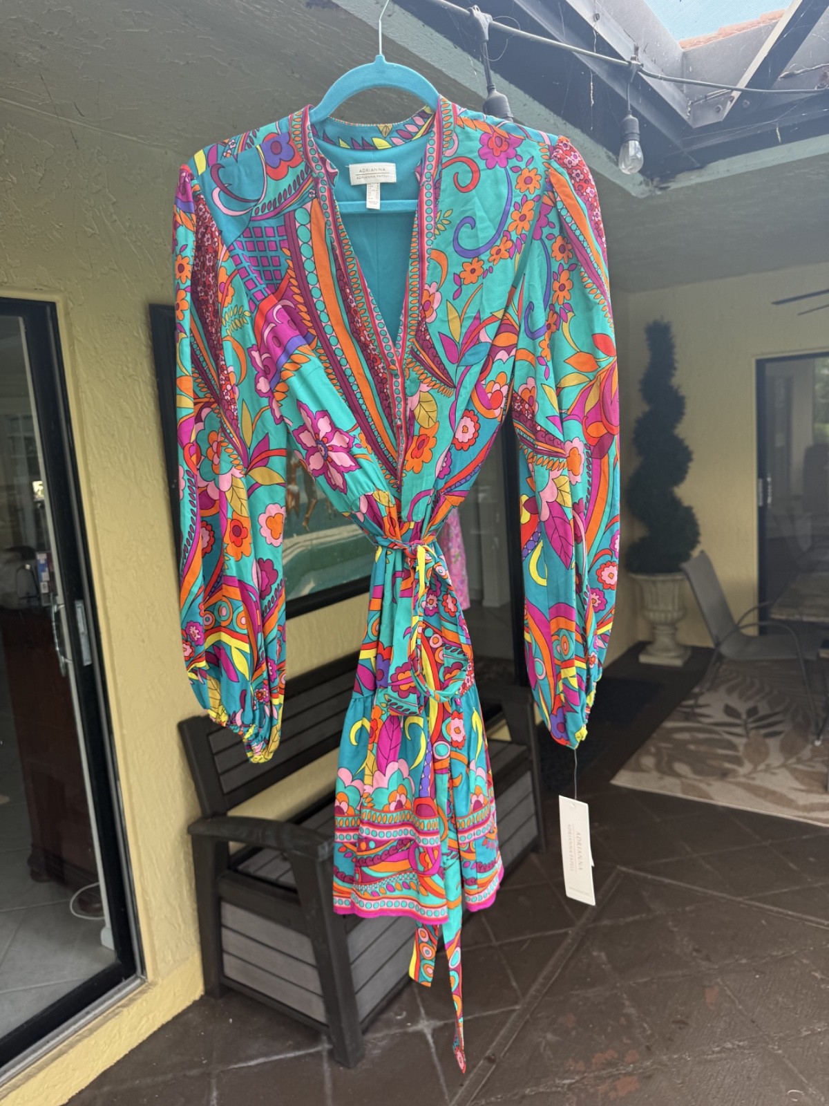 Adrianna Papell Dress Size 8 Teal Multi Floral Long Sleeve Tie Waist Mini NEW