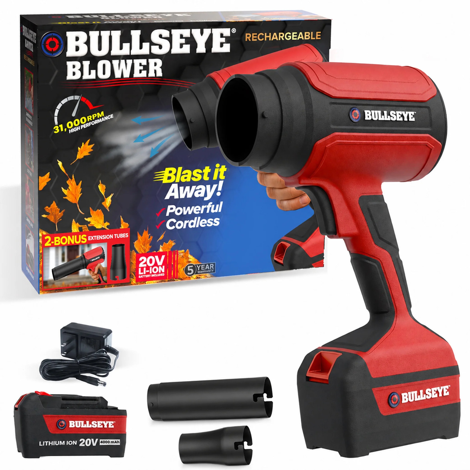 Bullseye Blower Cordless Leaf Dust Air Blaster 20V 31,000 RPM Battery Charger
