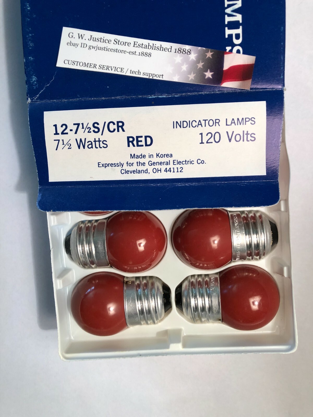 BOXof 12 GE red 7 &1/2 WATT S11 LIGHT BULB 7.5S11 indicator 71/2S/CR VINTAGE NEW