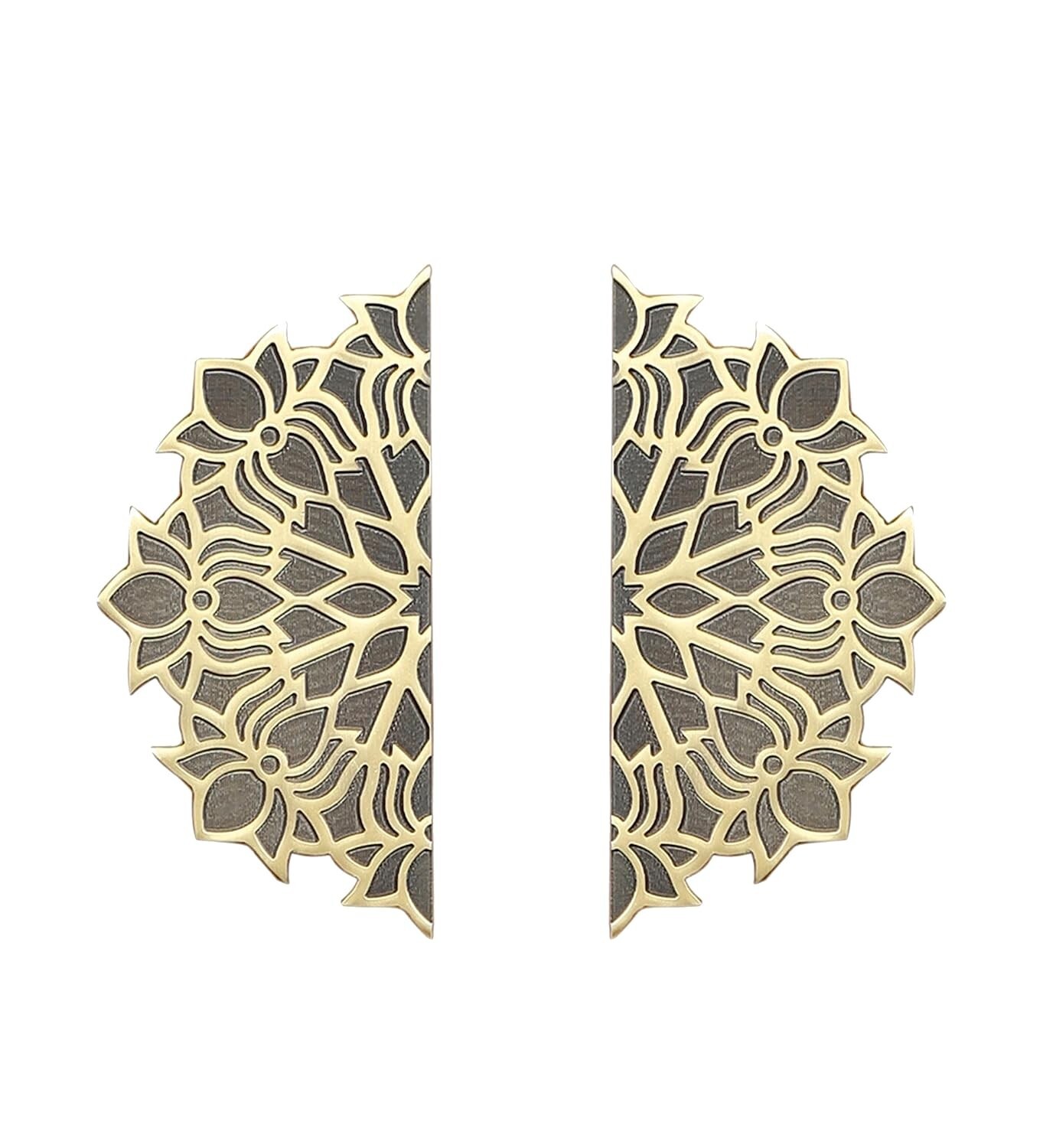 Set of 2 Antique Look Lotus Flower On Corners Brass Door Handle Pair