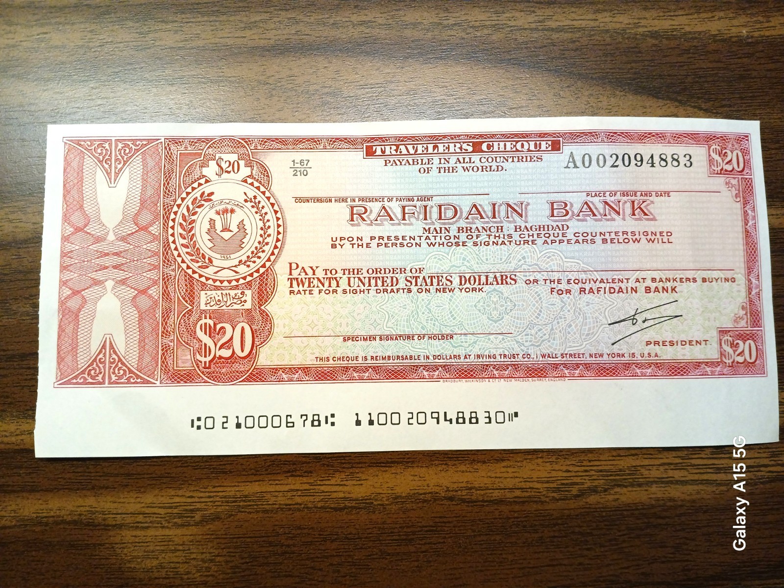 Iraq Rafidain Bank $20 Travelers Cheque – USD – Arabic/English – Vintage Banking