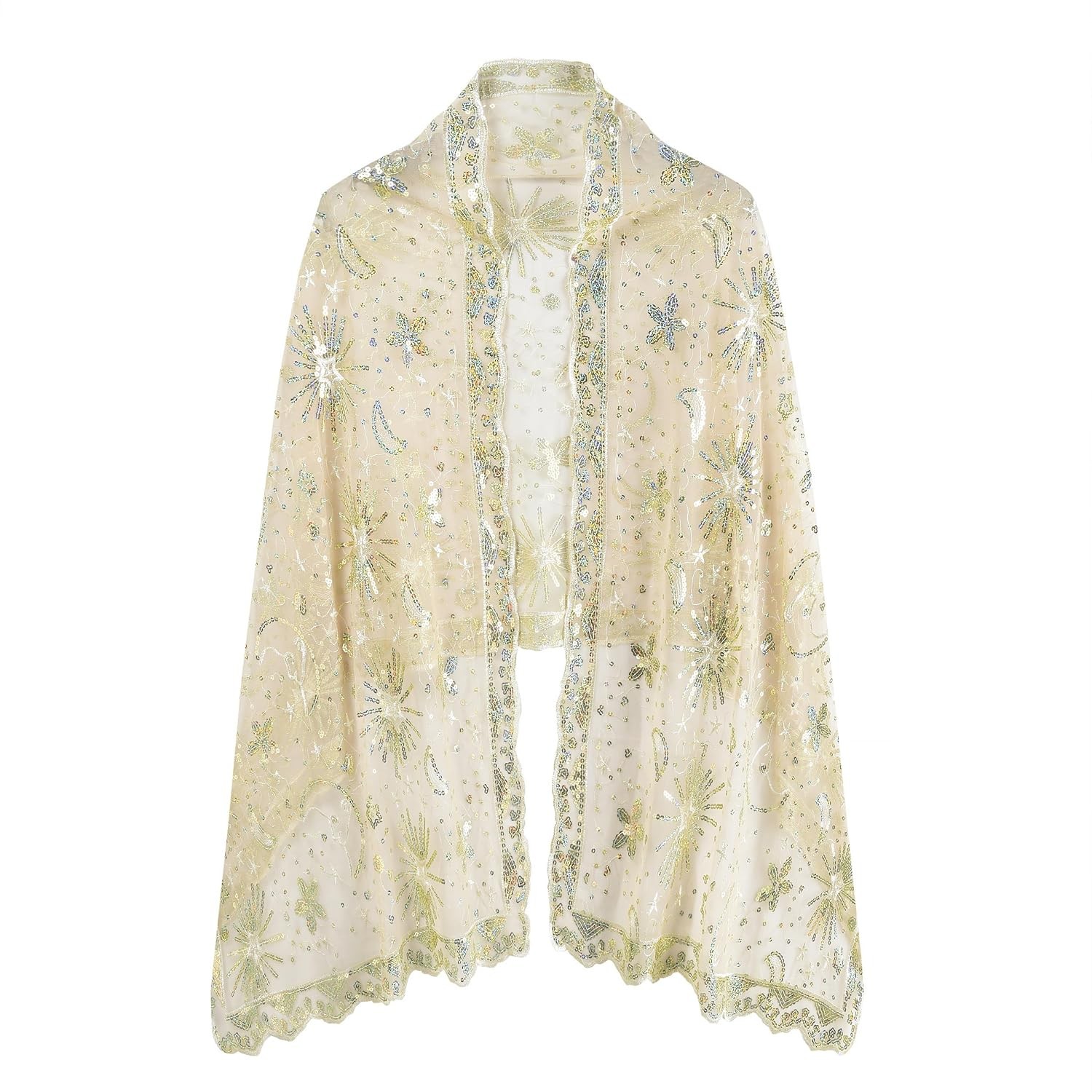 Women\'s Beige Glittering Sequin Mesh 1920s Wedding Bridal Shawl Cape Scarf