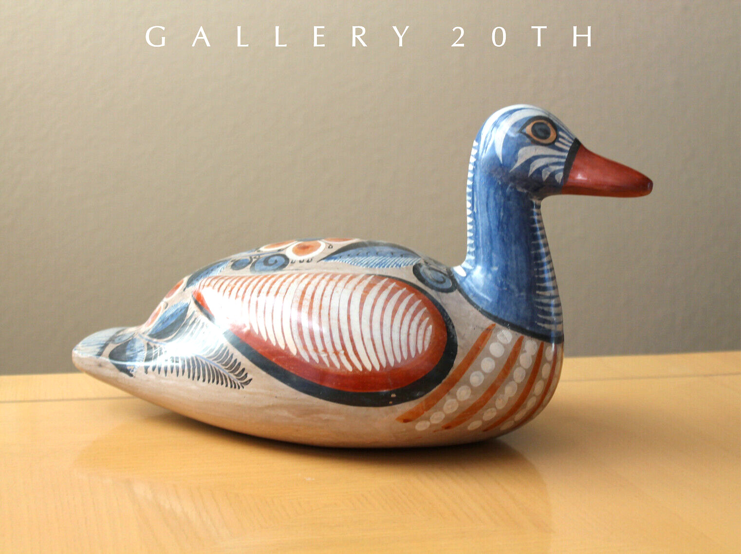 BEAUTIFUL MID CENTURY PAINTED POTTERY DUCK SCULPTURE 50S MEXICO ORIG ART VTG