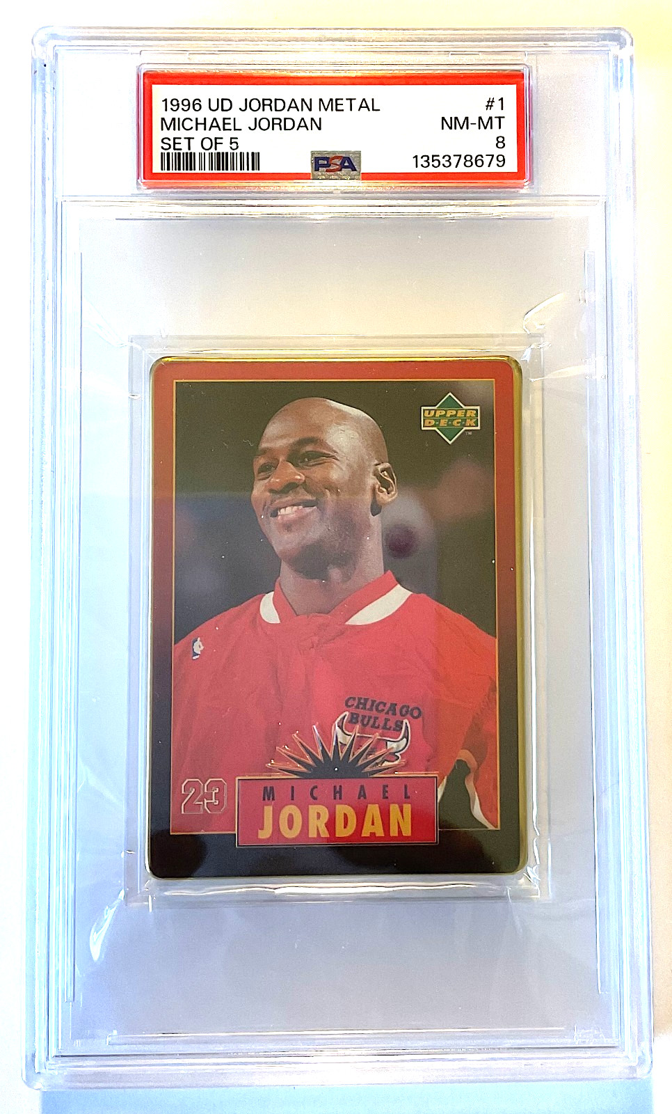 (1) 1996 U.D. MICHAEL JORDAN PSA 8 #1 of 5 MINT EMBOSSED METAL CARD RARE