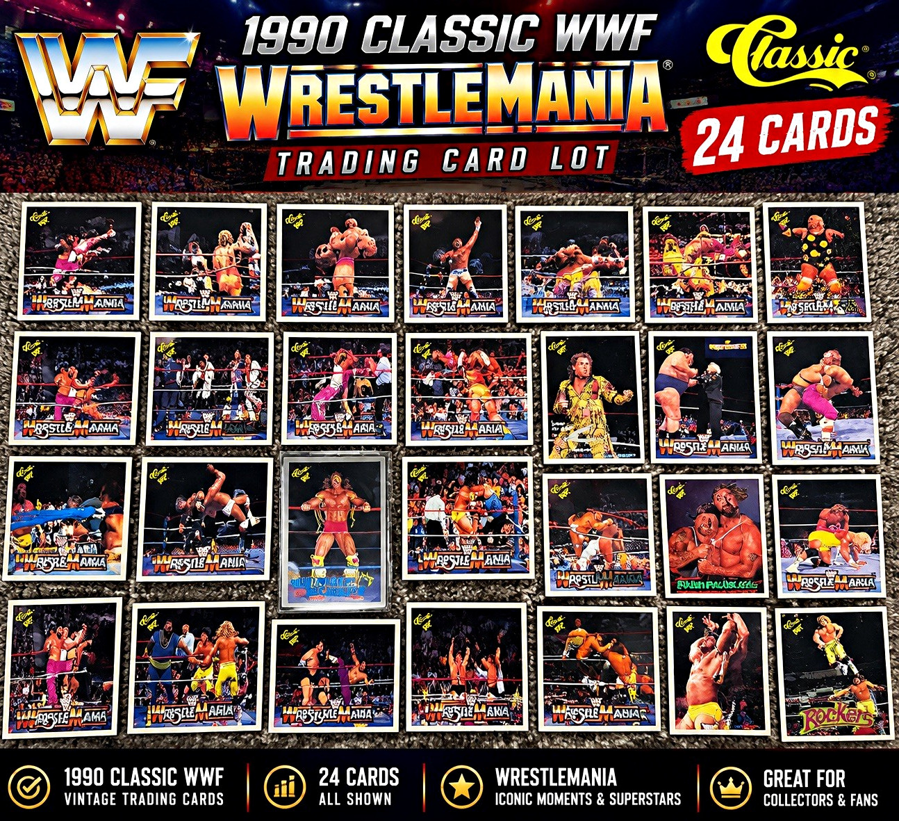 1990 Classic WWF WrestleMania 24 Card Lot Ultimate Warrior Rockers Vintage WWE 1990 Classic WWF WrestleMania 24 Card Lot Ultimate Warrior Rockers Vintage WWE